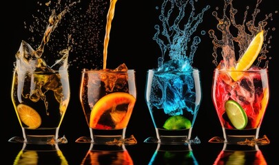  a group of glasses filled with different types of liquid and fruit in them, with water splashing out of the top of the glasses.  generative ai