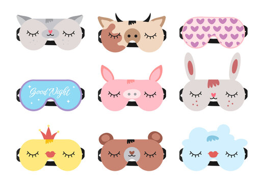 Sleep Masks. Night Mask With Cute Eyes, Sleep Quotes, Pig, Bear And Cat Faces. Cartoon Animal Mask For Pajama Print Vector Set. Elements Of Nightwear For Rest And Relaxation