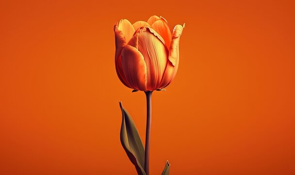  a single orange tulip on an orange background with a green stem in the foreground and a green stem in the foreground with a red background.  generative ai
