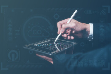 analyst, businessman analyze data for project, reduce CO2 emission concept, indrusty project to...