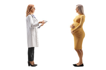 Full length profile shot of a pregnant woman talking to a female doctor