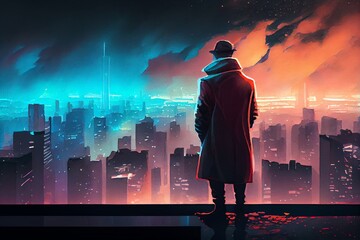 Watercolor Illustration of a A Person Standing On A Rooftop, Looking At A Foggy And Futuristic Cityscape With Neon Lights At Night, Epic Wallpaper. Generative AI