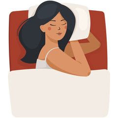 An asian woman sleeping on a bed in a cartoon flat style