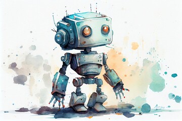 Watercolor Illustration of a Beautiful Cute Robot On A White Background. Generative AI