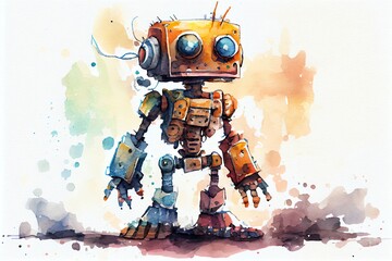 Watercolor Illustration of a Beautiful Cute Robot On A White Background. Generative AI
