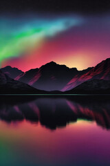 Beautiful mountains of Norway with colorful northern lights in the sky. Scandinavian inspired minimalism. Generative AI