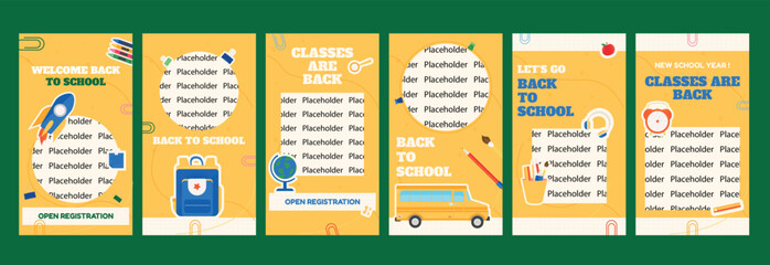 A poster set for back to school, social media story templates. Education icons on yellow background with decorative cute elements. Placeholder image, concept idea.