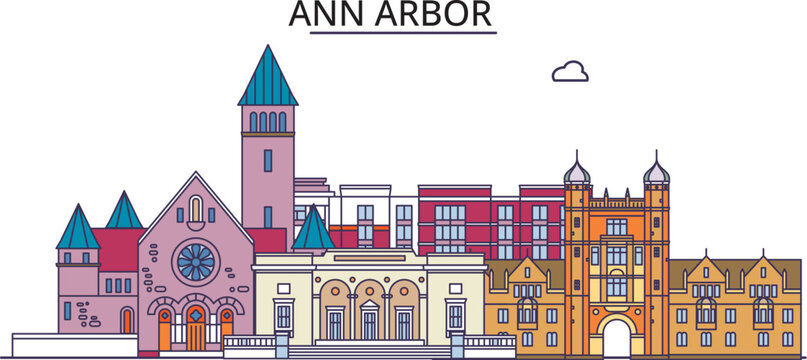 United States, Ann Arbor tourism landmarks, vector city travel illustration