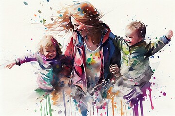 Watercolor Illustration of a Colorful Splashy Watercolor Illustration Of Mother With Two Children. Generative AI
