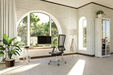 comfortable workplace with pc workstation standing in front of large arched windows; landscape view; bright sunlight shines through window; remote work freelance concept; 3D Illustration