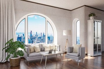 luxurious loft apartment with arched window and panoramic view over urban downtown; noble interior living room design mock up; 3D Illustration