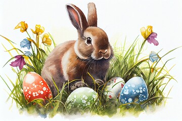 Watercolor Illustration of a Cute Rabbit With Fancy Easter Eggs On Grass. Generative AI