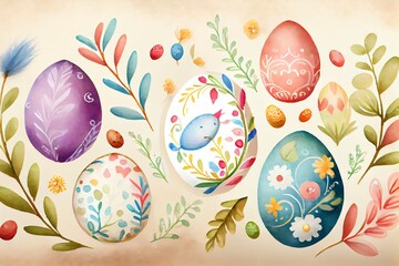 Fototapeta na wymiar Watercolor Illustration of a Easter Day Wallpaper With Colorful Design And Eggs. Background. Generative AI
