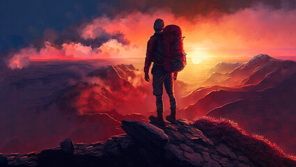 Fototapeta premium Man standing on top of a mountain with a backpack on his back and a sunset in the background behind him, with a red sky and orange clouds and a red hued. Generative AI