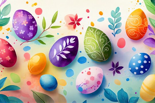 Watercolor Illustration of a Easter Day Wallpaper With Colorful Design And Eggs. Background. Generative AI