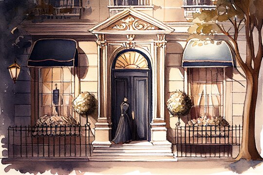 Watercolor Illustration of a Elegant Luxury Boutique Exterior With An Elegant Vintage Look. Generative AI
