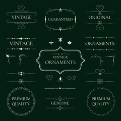Vintage typographic design elements set vector illustration. Collection of vintage ornaments isolated. Labels and badges, retro ribbons, luxury ornate, calligraphic swirls, scroll drawings.