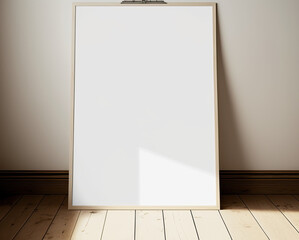 Blank white picture/art frame leaning against a white wall. Mock up template for Design or product placement created using generative AI tools