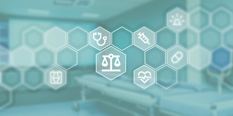 Grafik als Symbolbild für Medizin und Recht. Icons für Patientenrechte und medizinische Versorgung in einem Netzwerk vor Hintergrundbild.