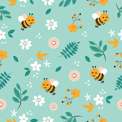 Little bee flies to admire fragrant flowers in the garden. Vector illustration for seamless print.