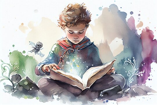 Watercolor Illustration of a Kid Living Adventures In A Fantasy Magic Book. Generative AI