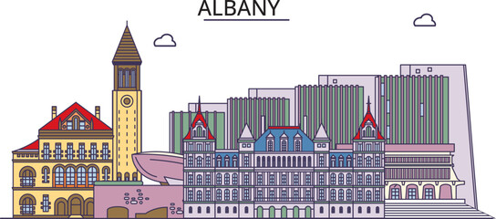 United States, Albany tourism landmarks, vector city travel illustration