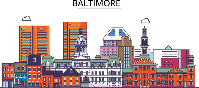United States, Baltimore City tourism landmarks, vector city travel illustration