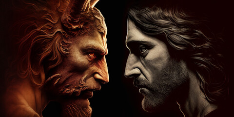 Jesus Christ face to face with lucifer the devil - obrazy, fototapety, plakaty