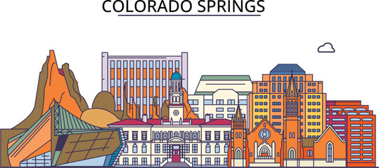 United States, Colorado Springs City tourism landmarks, vector city travel illustration