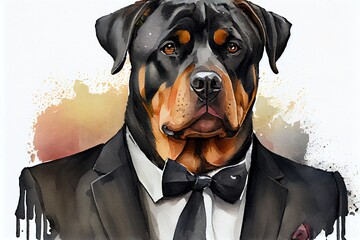 Watercolor Illustration of a Portrait Of A Dog Rottweiler Dressed In A Formal Business Suit. Generative AI - obrazy, fototapety, plakaty