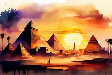 Watercolor Illustration of a Pyramids At Sunset, Cairo, Egypt. Fantasy Egyptian Landscape. Generative AI
