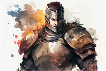Watercolor Illustration of a Role Play D&D Character Portrait Heavy Armor Knight Warrior. Generative AI