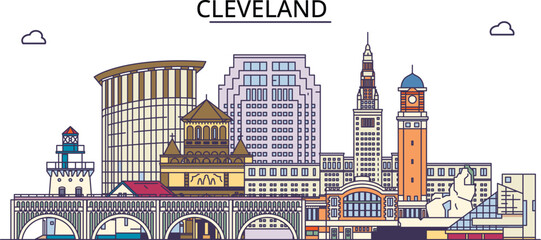 United States, Cleveland City tourism landmarks, vector city travel illustration