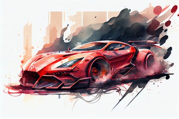 Watercolor Illustration of a Red Fast Sports Car. Futuristic Sports Car Concept. Generative AI