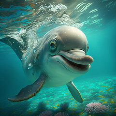 Beautiful young dolphin in clear water ,illustration, AI Generated