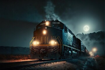 Fototapeta na wymiar locomotive lit headlights and pulls cargo train on rails at night, created with generative ai