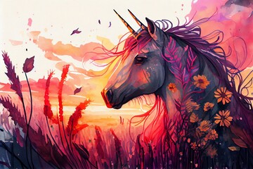 Watercolor Illustration of a Unicorn In A Field Of Flowers With A Beautiful Sunset, Fantasy Background, Illustration. Generative AI