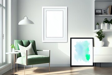 Watercolor Illustration of a White Frame In A Bright Modern Interior Mockup. Generative AI