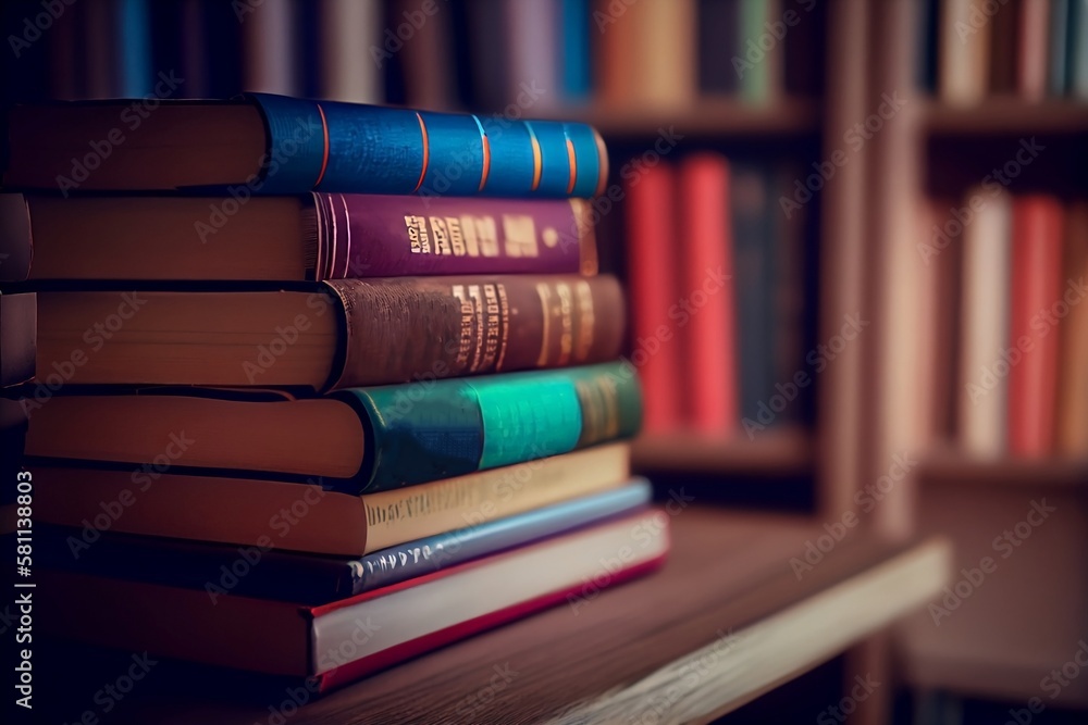 Poster learning at the library. stack of books with blurred background for education and knowledge
