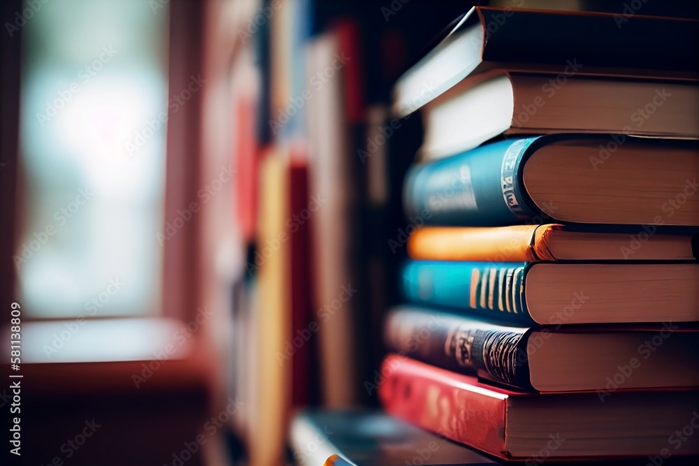 Poster learning at the library. stack of books with blurred background for education and knowledge