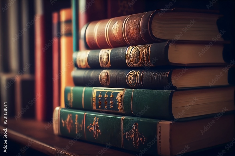 Poster learning at the library. stack of books with blurred background for education and knowledge