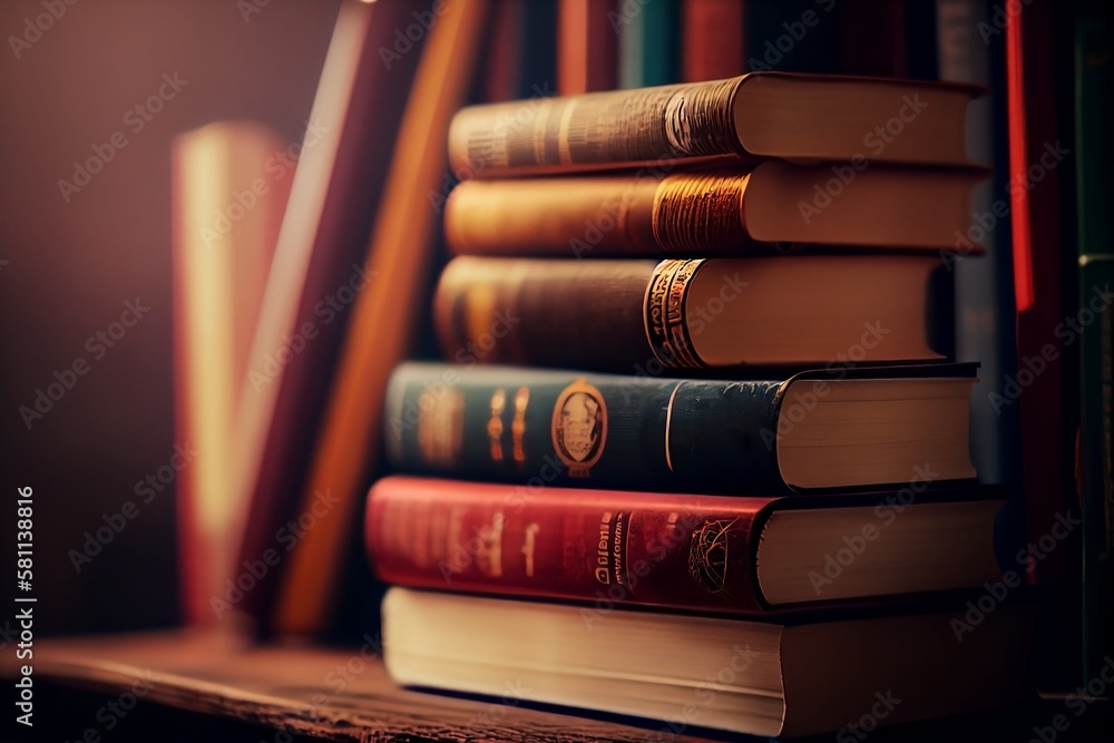 Aufkleber learning at the library. stack of books with blurred background for education and knowledge