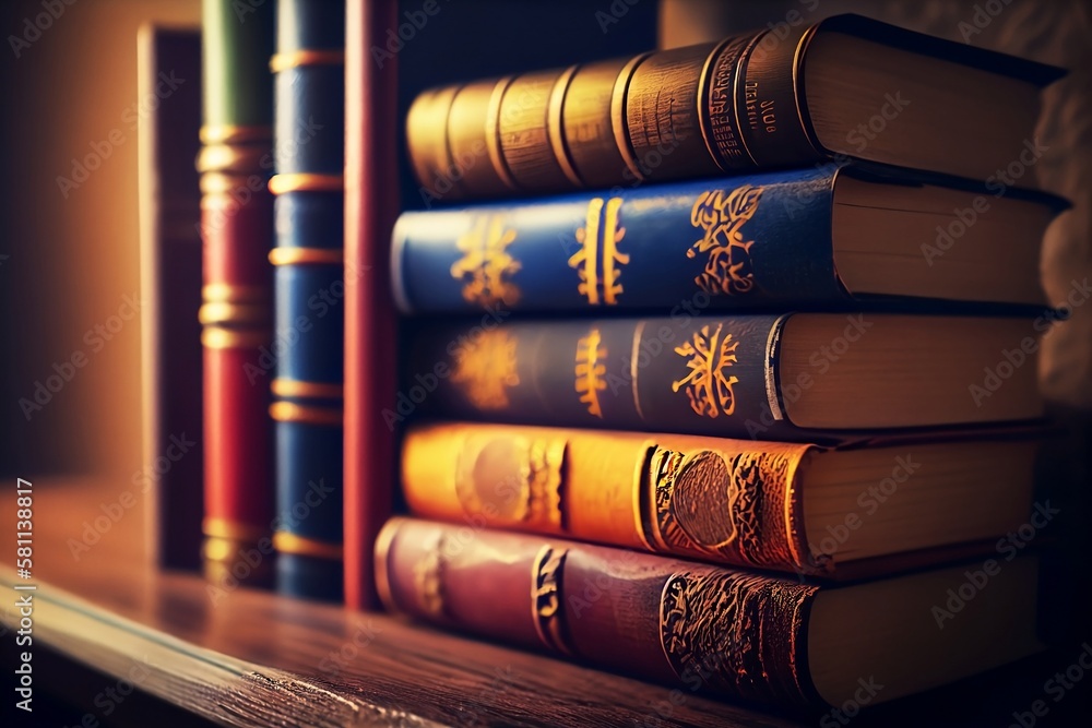 Aufkleber learning at the library. stack of books with blurred background for education and knowledge