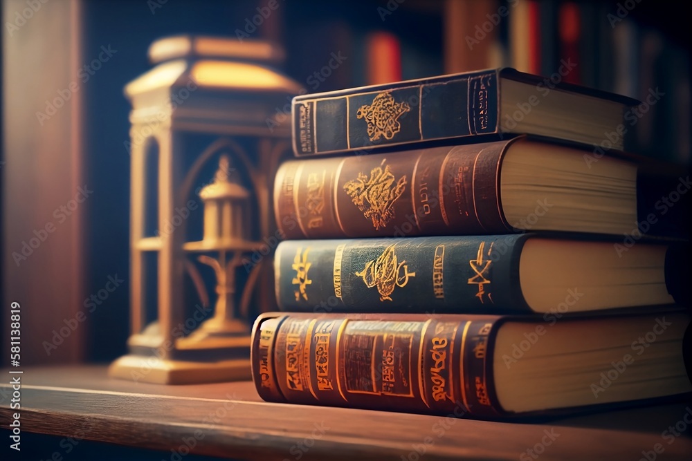 Poster learning at the library. stack of books with blurred background for education and knowledge