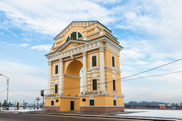 The Triumphal Arch of the Moscow Gate on embarkment of Angara river in the center of Irkutsk city,...