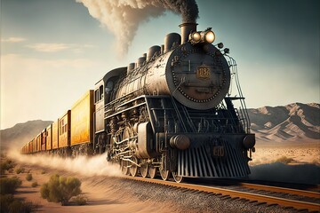 vintage steam locomotive pulls cargo train loaded with heavy cargo, created with generative ai - obrazy, fototapety, plakaty