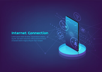 Business internet connection banner design with mobile phone. Global online network telecommunication signal. Communication technology smartphone graphic vector