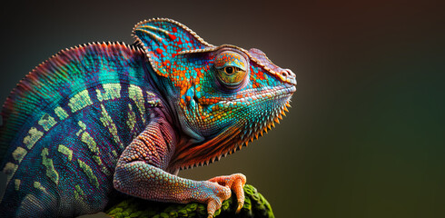 Green colored chameleon close up. Generative AI