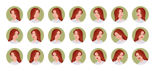 Business consultant professional lady avatar, office manager portrait set employee bundle. Different emotions face icons, character pic. Vector flat style cartoon circle set isolated, white background