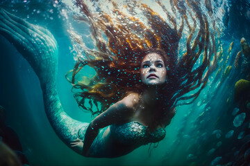 Beautiful mermaid girl with red long curly hair swims underwater in the ocean in a coral reef. Generative AI © aapsky